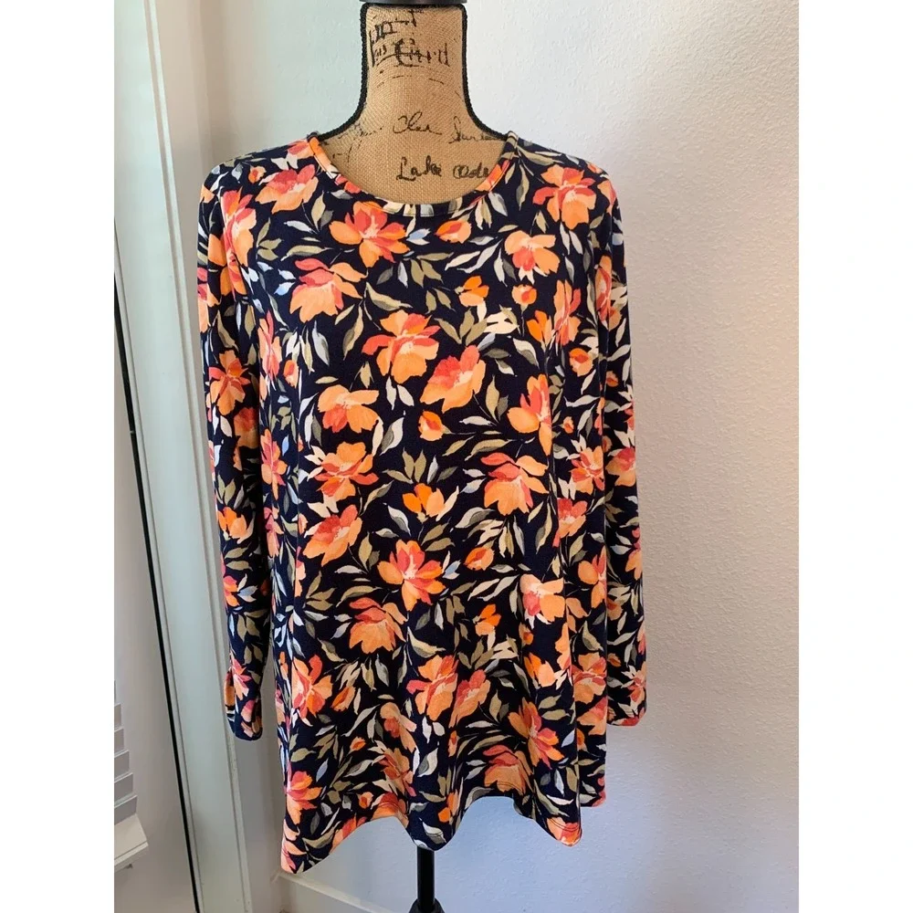 (F-185)Denim & Co Floral Tunic Top Women's Petite XL Navy Orange Long Sleeve QVC